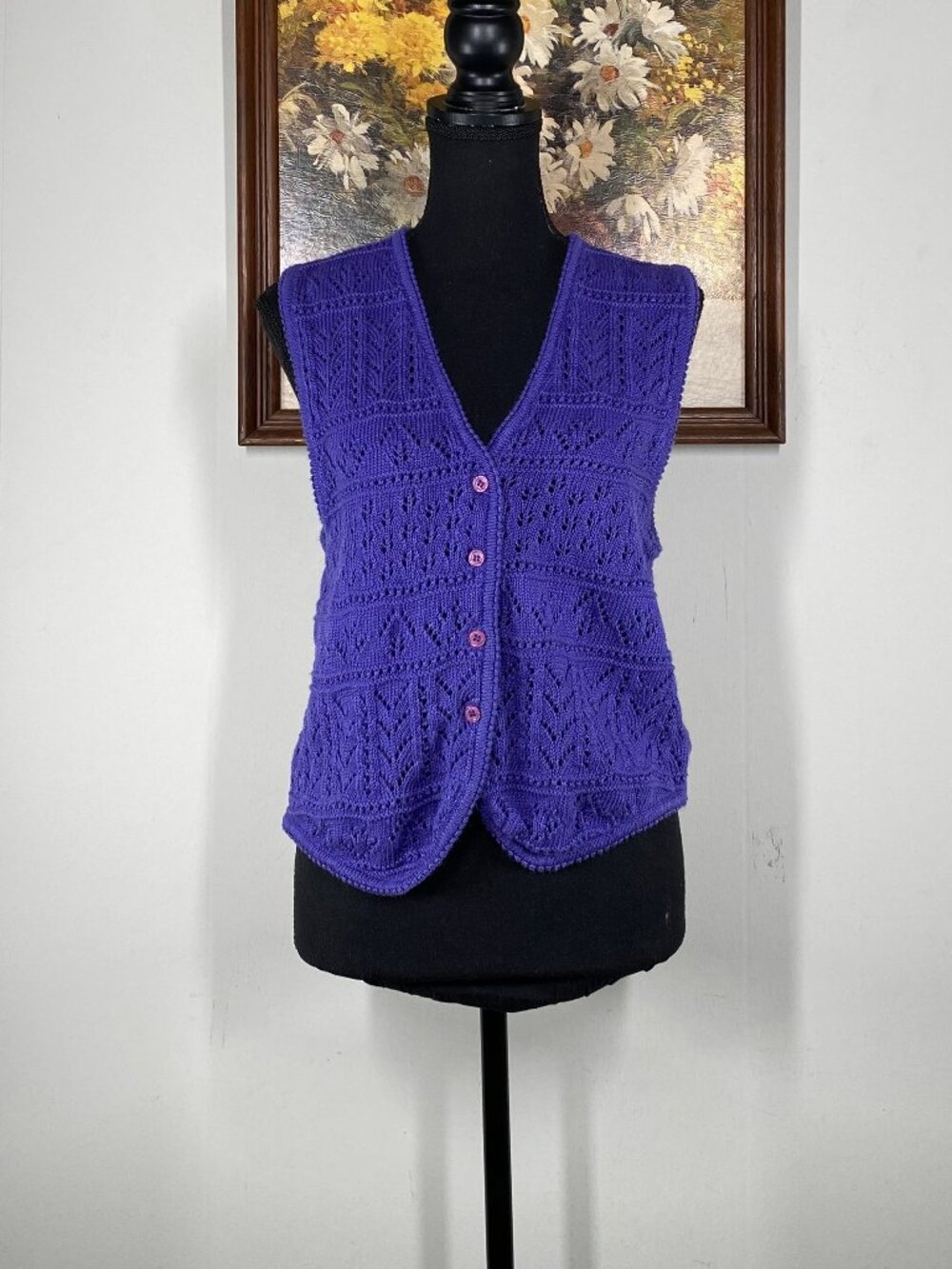 Vintage The Limited Button Up Crochet Vest Women's Large Purple Casual VTG